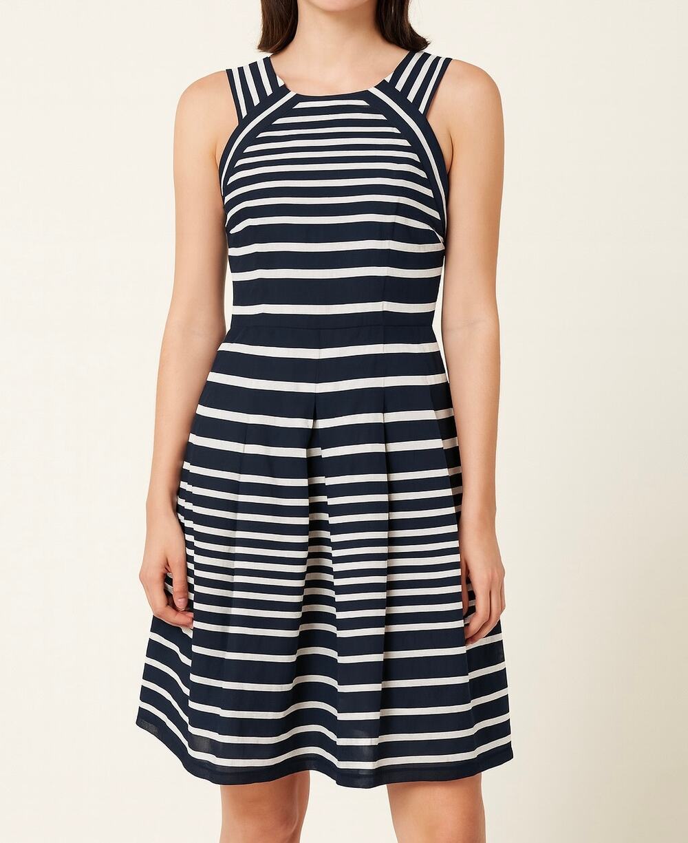 Talbots Silk Cotton Striped Fit and Flare Dress Sleeveless Pleated Preppy Midi